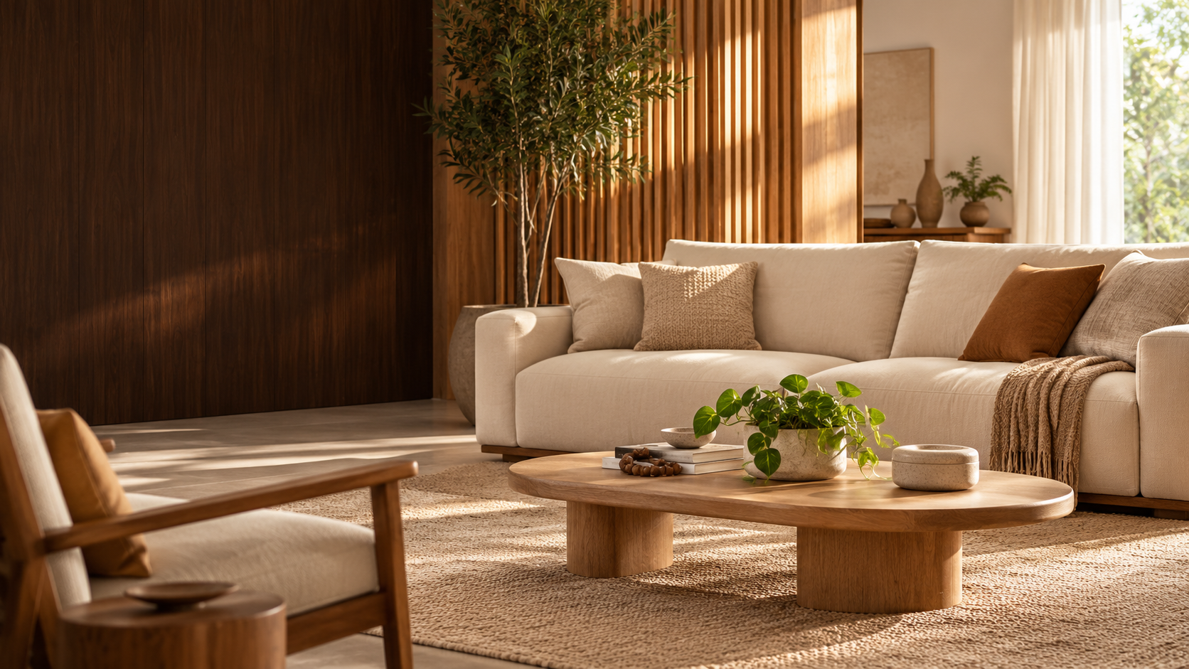Ambiente residencial ilustrativo com sofá claro, mesa de centro e luz natural