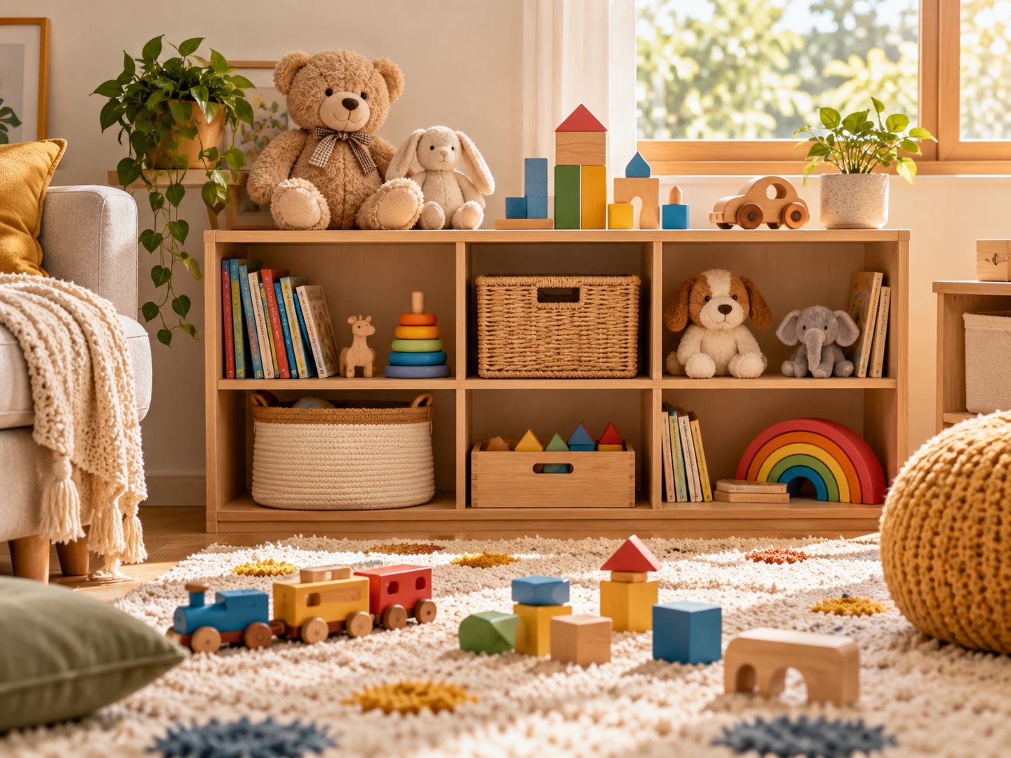 Imagem ilustrativa de brinquedos de madeira, livros e pelúcias em uma estante