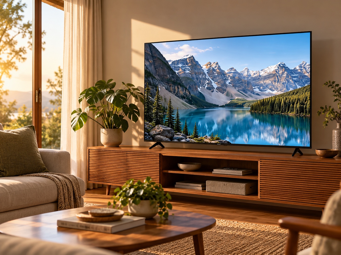 Imagem ilustrativa de sala com televisão e rack de madeira