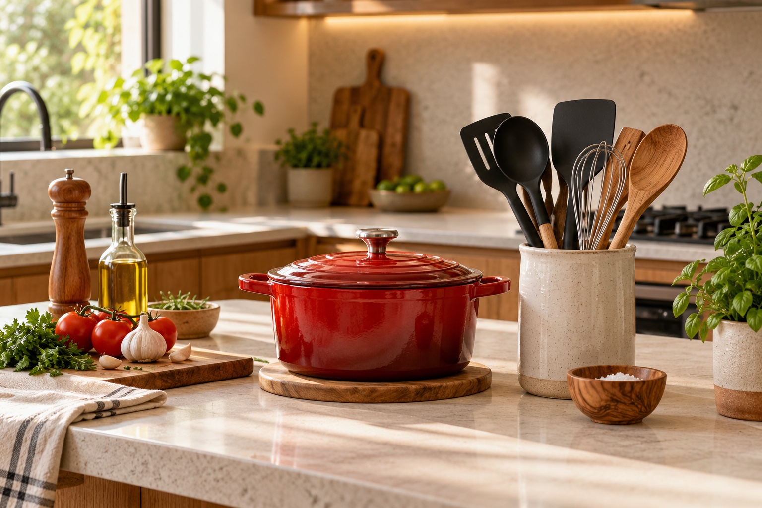 Imagem ilustrativa de panela vermelha e utensílios em uma cozinha